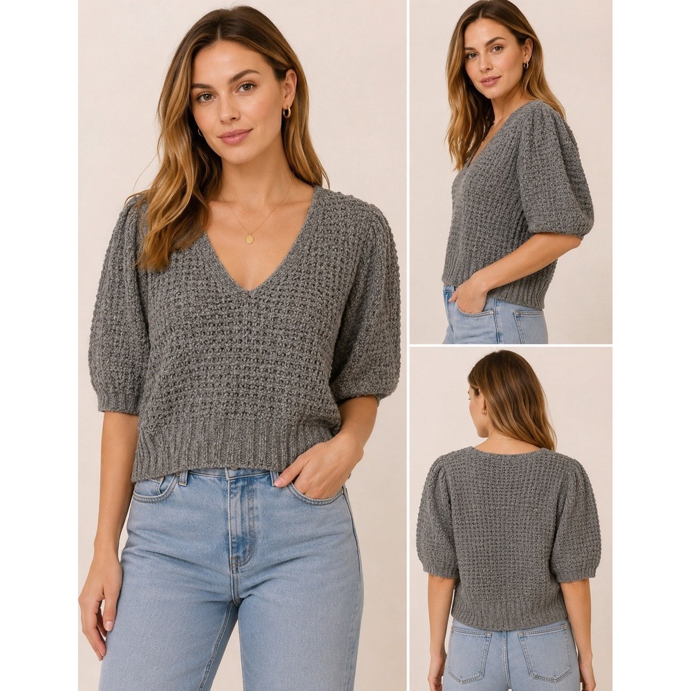 Michael Stars Gray Open Knit V Neck Cotton Sweater Top Size L